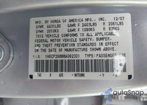 2008 Honda Accord 2.4 Ex-L from USA, damaged, VIN 1HGCP26888A062321